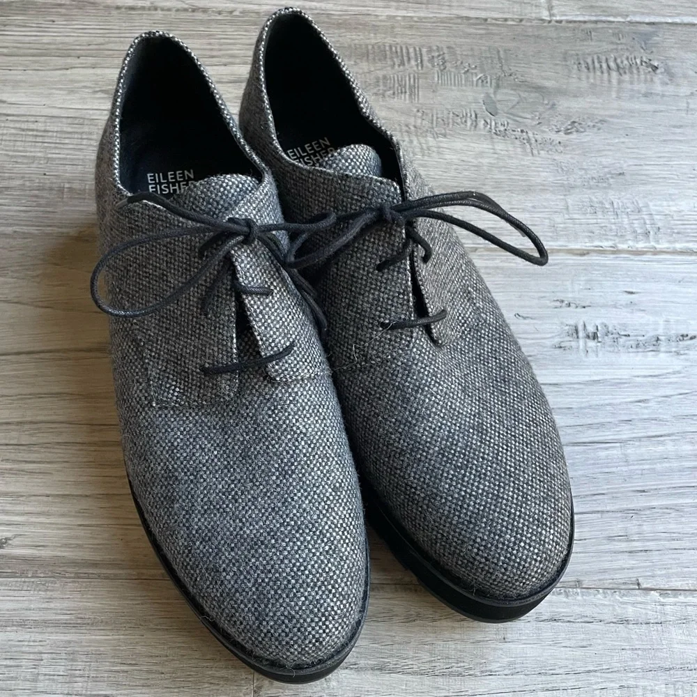 Eileen Fisher Eddy Tweed Platform Oxford Shoe Gray/Black Eclectic Grandpa SZ 10